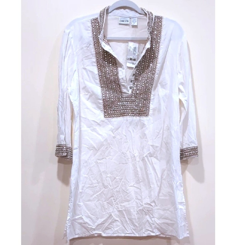 Chico's White Tunic Top Brown Embellished Beaded V-Neck Size 2 Medium 12 NWT
